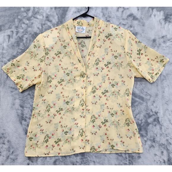 Vintage Fritz & Lloyd Floral Sheer Chiffon Pleat Neck Top Size 14 Yellow Pink - Picture 1 of 7